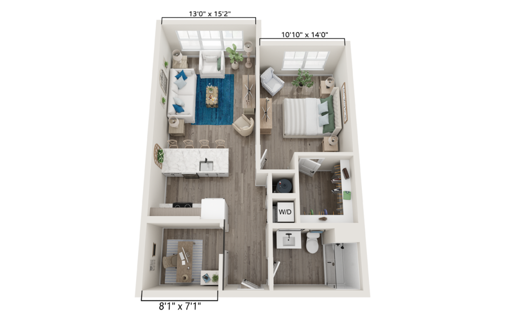 208 -  $2,750 - 10/15/24 - 1 bedroom floorplan layout with 1 bath and 774 square feet.